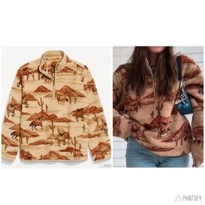 SMALL ● NWT Mens Old Navy Western Horse Sherpa Fleece Quarter Zip Sweater Jacket